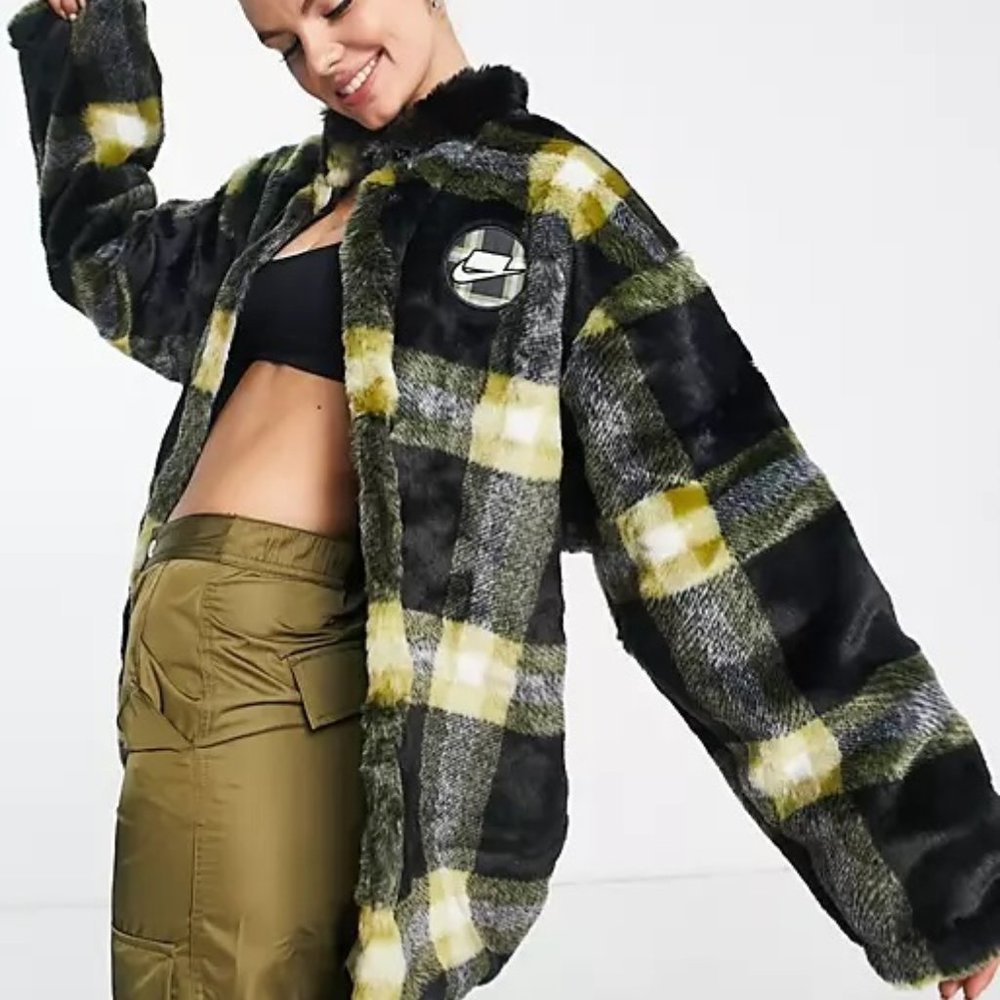 Nike Black, Olive & Yellow Plaid Teddy Coat